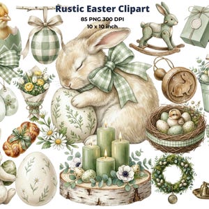 Può includere: Clipart pasquale ad acquerello con un coniglietto addormentato con un fiocco a quadretti verdi, uova, candele e un pulcino che esce da un uovo. L'immagine include un cavallo a dondolo, un nido con uova e una ghirlanda. Il testo recita "Rustic Easter Clipart".