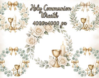 Gold First Holy Communion Wreath PNG - Communion Sublimation Design, Communion Card Design, Christian Clipart, Instant Digital Download, CU