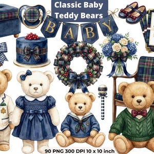 May include: A watercolour illustration featuring classic baby teddy bears and accessories. Includes a blue plaid ottoman, pacifier, cake, wreath, and a banner that says "BABY". Also features a chair, shoes, and gift box.