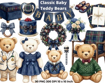 Klasyczny obrazek z misiem pluszowym, grafika w kratę tartanową w pokoju dziecięcym w formacie PNG, dekoracja na baby shower dla chłopca, akwarelowy obrazek dla dziecka, 4K, CU