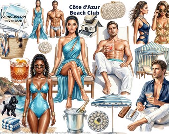 Côte d'Azur Watercolor Clipart | Riviera Yacht Girls PNG Set | French Riviera Luxury Summer Art | Yacht Lifestyle Digital Download, 4K, CU