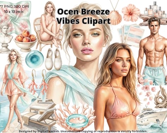 Watercolor Summer Clipart Bundle - Peachy Breeze Mediterranean Beach PNGs, Coastal Aesthetic Pink Ocean Vacation Digital Download, 4K, CU