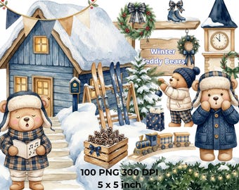 Watercolor Winter Classic Teddy Bear Clipart, Cute Bear PNG, Festive Nursery PNG,Tartan Holiday Clipart, Winter Animals, Digital Download