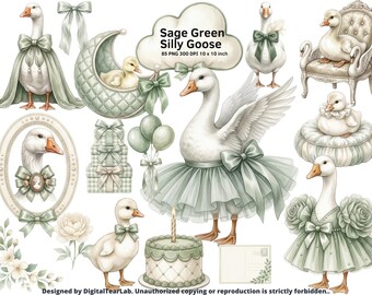 Silly Goose Clipart Bundle, Sage Green Baby Shower Clipart, Goose Nursery Animals PNG, Birthday Party Graphics, CU