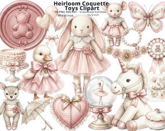 Watercolor Heirloom Coquette Toys Clipart, Pink Baby Girl Clipart, Plush Toys PNG, Nursery Clipart, Baby Shower Clipart, 4K Graphics, CU