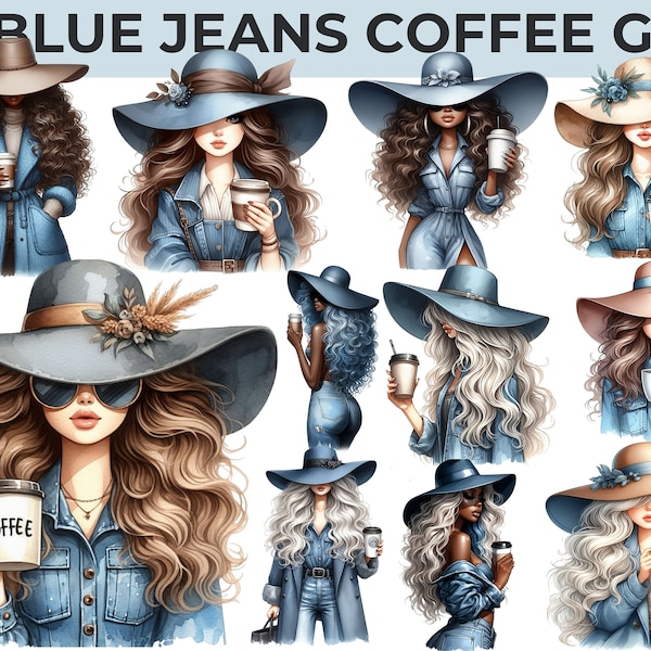 Watercolor Coffee Girl clipart, Denim Gir girl sublimation, Fashion doll, Coffee Lover Clipart, CU