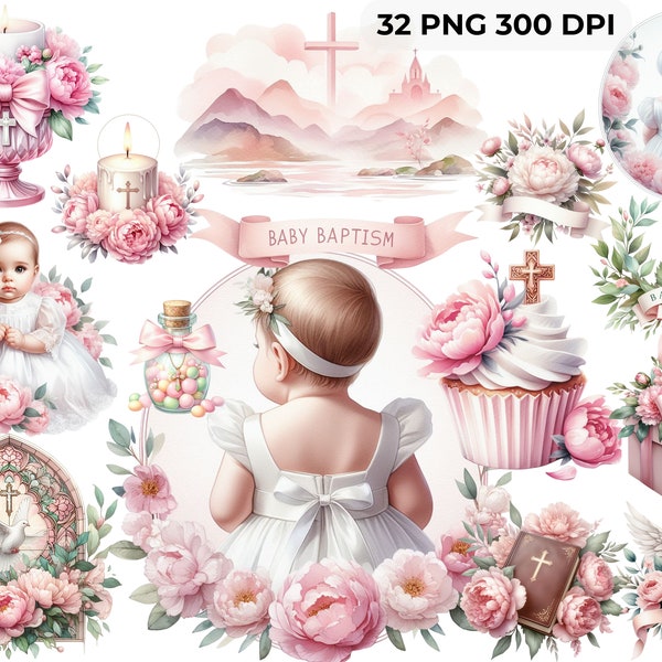 Aquarelle Baby girl baptême Cliparts bundle, Baptême png fichiers, Rose baptême png, fête de baptême png, CU