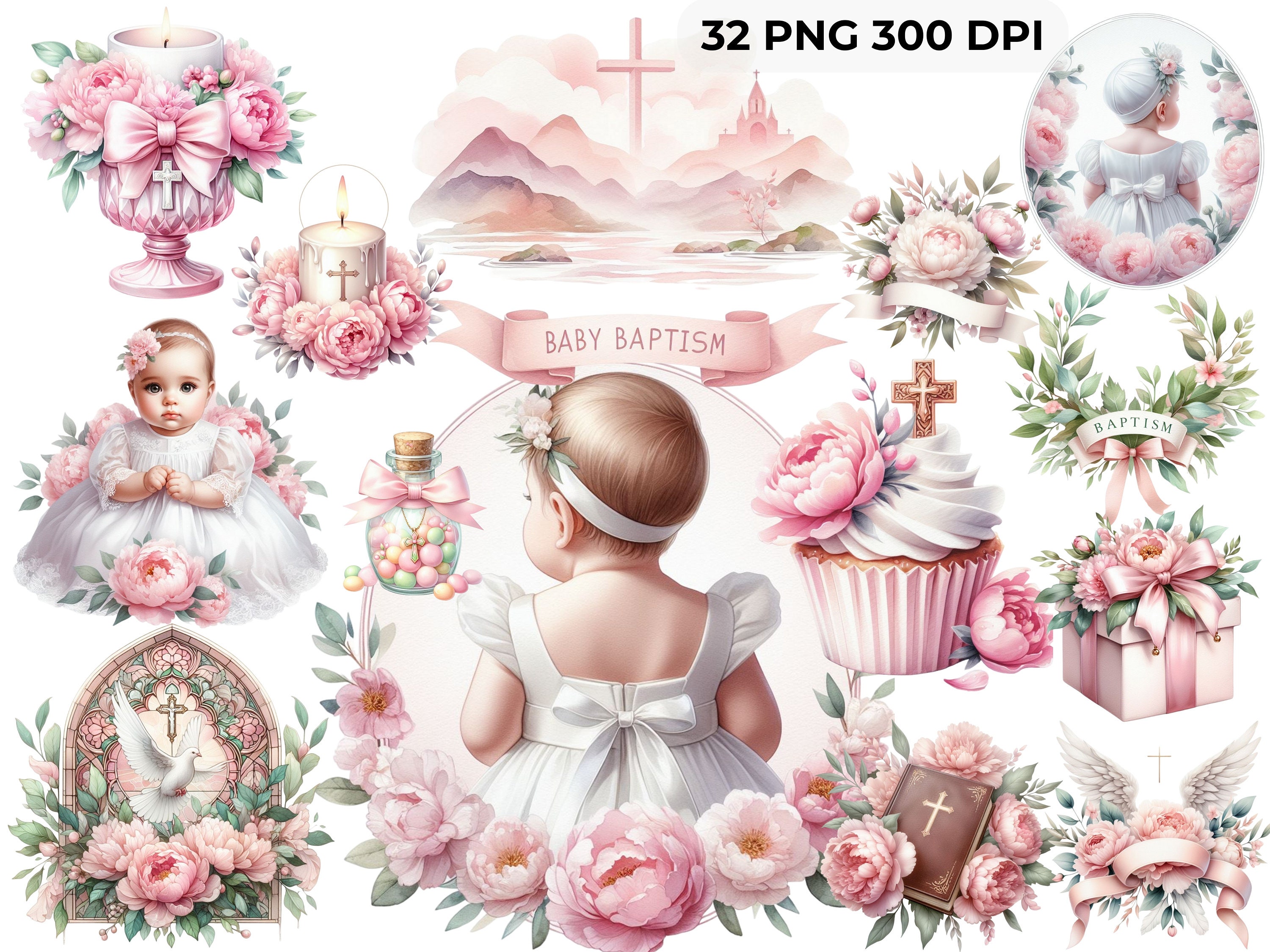 Baby Girl Baptism Watercolor PNG Set – Pink Christening Clipart for DIY Invites, Signs & Favors | CU