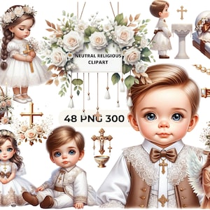 Clipart de Batismo em Aquarela Neutra – Menina e Menino | PNGs de Batismo Católico Boho | CU