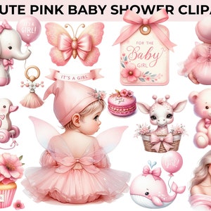 Pink Baby Shower Clipart Bundle | 35 Watercolor Newborn & Gender Reveal PNG Illustrations, CU