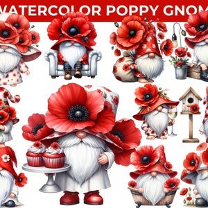 Watercolor Poppy Gnome Clipart Bundle | 25 Red Garden Gnome PNGs for Cards & Stickers, CU