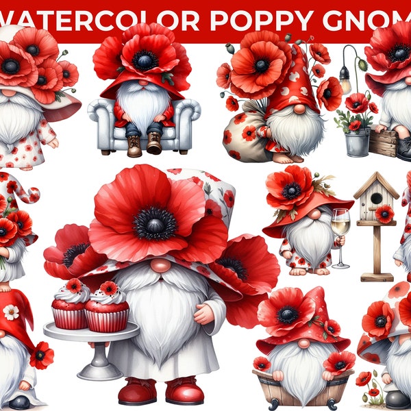 Watercolor Charming red poppy Garden Gnome Clipart - 25 Watercolor Poppies Gnomes, CU