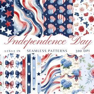 Può includere: Una collezione di motivi senza cuciture a tema patriottico. I disegni includono stelle, strisce, cuori, fiocchi, rose e farfalle in rosso, bianco e blu. Il testo "Independence Day" è visualizzato, insieme a dimensioni e risoluzione.