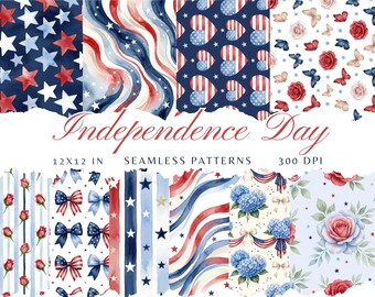 Watercolor Independence Day Seamless Patterns - 4th of July JPEG, Patriotic Stripes Digital Download, Repeating Scrapbook Paper