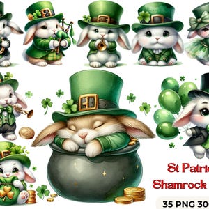 Può includere: Un set di dieci illustrazioni digitali di coniglietti di cartoni animati carini vestiti con abiti a trifoglio verde per San Patrizio. I coniglietti indossano cappelli, tengono trifogli e alcuni suonano persino strumenti musicali.