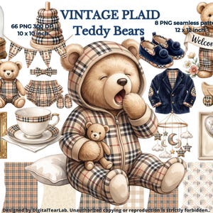 Classic Tartan Teddy Bear Clipart PNG, Neutral Nursery Clipart, Classic Plaid Baby Bear, ,Seamless Patterns,  Digital download, 4K CU