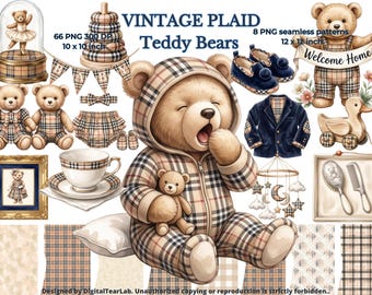 Classic Tartan Teddy Bear Clipart PNG, Neutral Nursery Clipart, Classic Plaid Baby Bear, ,Seamless Patterns, Digital download, 4K CU