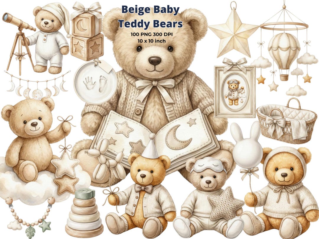 Watercolor Teddy Bear Clipart, Neutral Baby Shower PNG, Beige Nursery ...