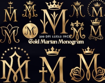 Gold Marian Monogram Clipart Pack, Auspice of Mary PNG SVG, Ave Maria Catholic Logo, Vintage Holy Card Elements, Christian Marian Art, CU