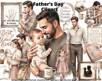 Watercolor Father's Day Clipart Bundle, Dad and Animals PNG, Vintage Dad with baby Graphics, 4K, CU
