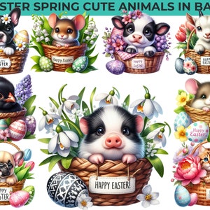 Cute Animals in Basket Clipart - 25 Adorable Easter Bunny and Spring Animals Collection, CU
