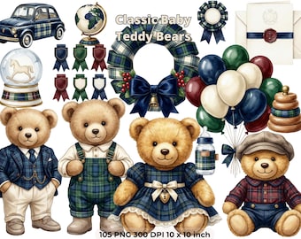 Classic Baby Clipart - Polo Bear - posh teddy bear Nursery Clipart - Baby Shower PNG, Tartan teddy bear Clipart, Digital download, CU