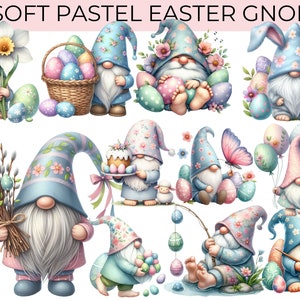 Può includere: 25 gnomi pasquali in colori pastello. I gnomi tengono uova di Pasqua, fiori, cesti e altre decorazioni pasquali. Alcuni gnomi indossano orecchie da coniglio.