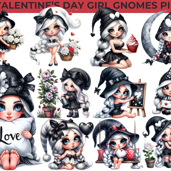 Watercolor Sexy Girl Gnome in Black Denim - Unique Valentine's Day Clipart, Stylish Black Watercolor Gnome, Valentine's Day Pin Up