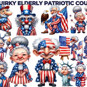 Quirky 4th of July Elderly Couple Clipart | Patriotic Grandma & Grandpa PNG Bundle for Sublimation, CU