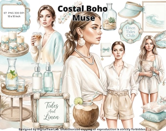 Seaside Costal Boho clipart, Coastal Aesthetic Blue Ocean Vacation Digital Download, Seaside srapbooking, Beach Muse, 4K, CU