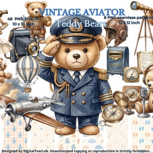 Può includere: Una collezione digitale di grafiche VINTAGE AVIATOR Teddy Bears con un orso centrale in uniforme da pilota, un aereo a elica, una mongolfiera, un paracadute, un telescopio, una bussola, una fotocamera vintage e vari motivi.