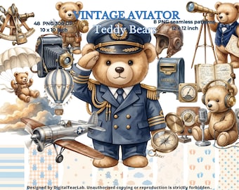 Watercolor Bear PNG, Aviator Teddy Bear Clipart, Watercolor Nursery Decor, Vintage Airplane Baby Shower, Digital seamless pattern, 4K CU