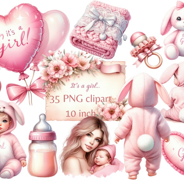 Girl Pink Baby Shower Clipart Bundle - 'It's a Girl' PNG - Parfait pour la révélation du genre et le décor de baby shower | UC