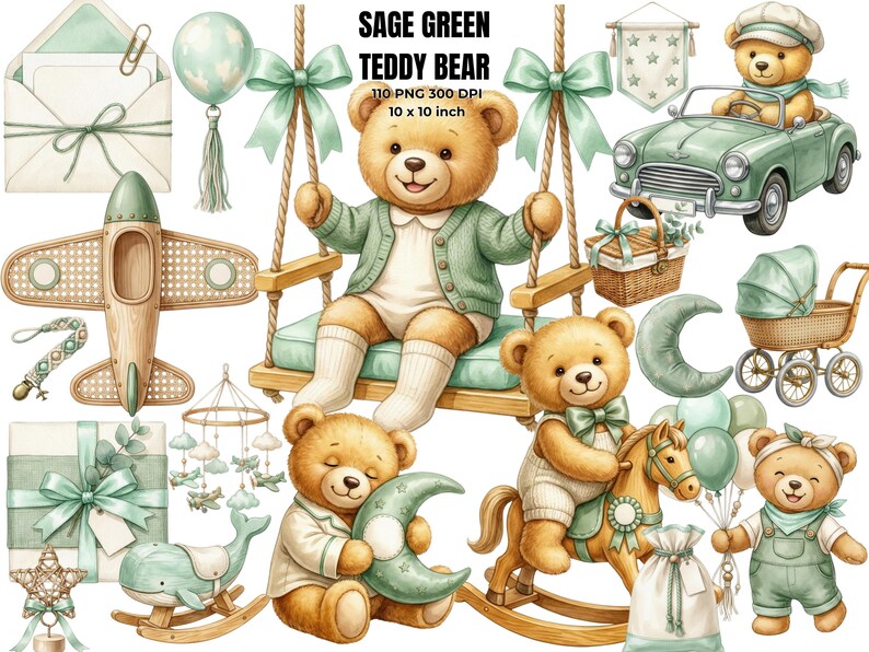 Sage Green Teddy Bear Clipart, Watercolor Baby Shower PNG, Cute Nursery ...