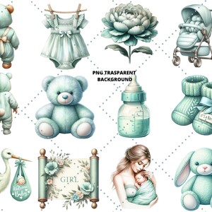 Mint Green Baby Shower Clipart Bundle 'welcome Baby' PNG Gender Reveal ...