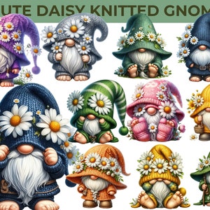 Watercolor Spring Daisy Gnome Collection - High-Quality Flower Gnomes PNG Bundle, Seasonal Garden Gnome Graphics, CU