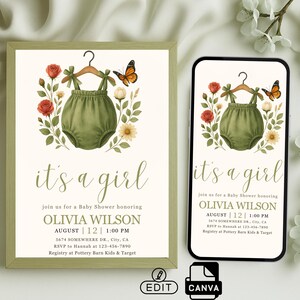 Convite Boho para Chá de Bebê – Flor Silvestre Verde-Sálvia “É uma Menina” | Cartão Editável Canva + Convite para Telefone
