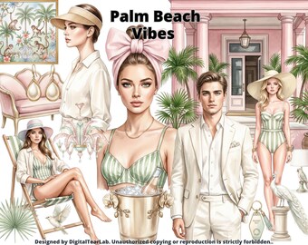 Watercolor Palm Beach Club Clipart Bundle - Miami Beach Vacation PNG, Tropical Palm Resort Graphics, Summer American Aesthetic, 4K, CU