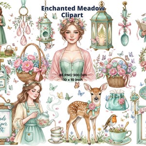 May include: A collection of watercolor illustrations featuring a woodland theme. Includes a deer, teacups, baskets of flowers, a bird, and figures of people. The text includes "Enchanted Meadow Clipart", "Love Notes", "Winds whisper soft", "Sunlit Tea", and "Enchanted Pages".