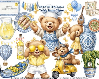 Teddy Bear Italian Summer PNG, Lemon Animal Nursery Decor PNG, La Dolce Vita Watercolor Clipart, Mediterranean Blue Baby Showery, 4K, CU