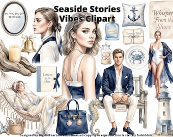 Seaside Costal vintage stories clipart, Coastal Aesthetic Blue Ocean Vacation Digital Download, Seaside srapbooking, 4K, CU
