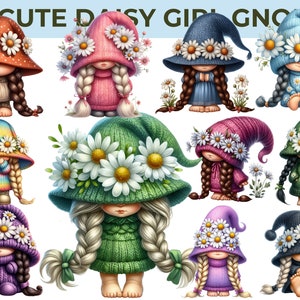 Spring Daisy Girl Gnome Clipart – 25 Watercolor PNGs | High-Quality SCeasonal Garden Graphics | CUù