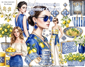 Mediterranean Summer Clipart Bundle, Lemon Tiles, Sicilian Maiolica, Amalfi Coast Digital Stickers, Italy Greece Scrapbook Graphics, 4K, CU