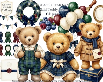 Classic Teddy Bear Clipart, Tartan Plaid Nursery PNG, Baby Boy Shower Decor, Watercolor Baby Clipart, 4K, CU