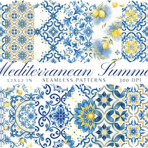 Può includere: Una collezione di motivi senza cuciture a tema mediterraneo. I motivi presentano disegni floreali e di piastrelle blu e gialli, insieme a limoni ad acquerello. È visibile anche il testo "Mediterranean Summer" e le dimensioni del motivo.