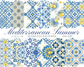 Mediterranean Summer Seamless pattern, Lemon Tiles, Sicilian Maiolica, Amalfi Coast, Italy Greece Watercolor Tiles Background, 4K, CU