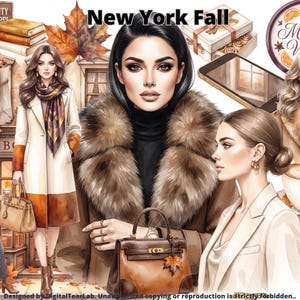 Può includere: Una collezione di illustrazioni digitali intitolata New York Fall che presenta diversi ritratti di persone in abbigliamento autunnale, una borsa in pelle marrone, una tazza di caffè, un sacchetto di carta con pasticcini, libri e uno smartphone.