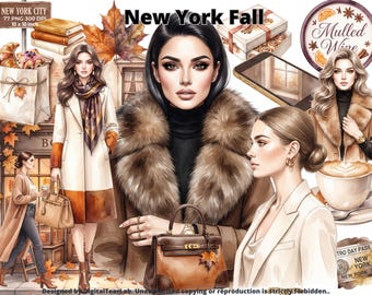 Watercolor New York Fall Clipart, Autumn NYC Illustrations, Fall Fashion City Graphics, Cozy Urban Season PNG Digital Bundle, 4K, CU