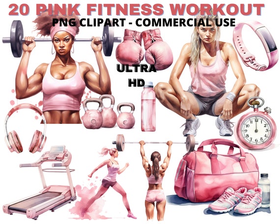 Pink Fitness Workout Clipart, Watercolor Fitness PNG, Gym