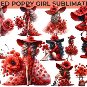 Puede incluir: 25 diseños de sublimación Red Poppy Girl con ilustraciones de chicas con vestidos y sombreros rojos con flores de amapola roja.